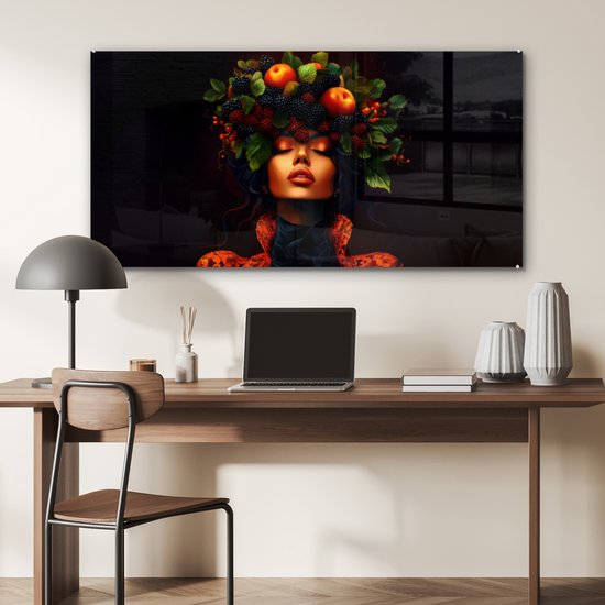 MuchoWow® Glasschilderij 120x60 cm - Schilderij acrylglas - Vrouw - Zwart - Bessen - Bramen - Appels - Foto op glas - Muurdecoratie woonkamer - Wanddecoratie slaapkamer - Schilderijen