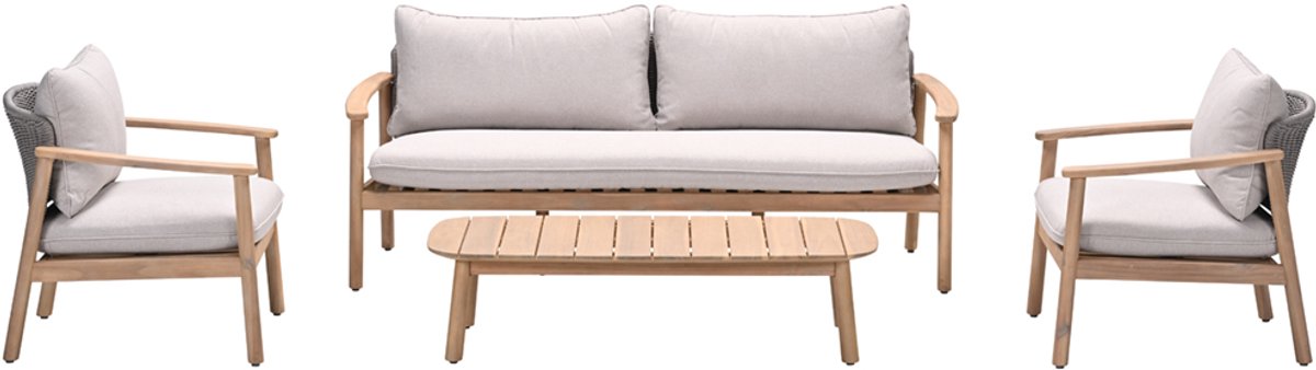 Acaciahout loungeset met white wash afwerking en zandkleurige kussens.