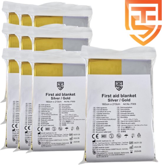 Nooddeken 12 stuks - Reddingsdeken 160x210 - Technosafety Isolatiedeken Goud Zilver - Noodpakket