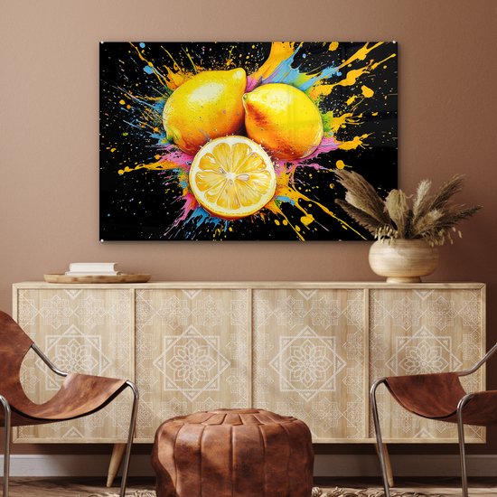 MuchoWow® Glasschilderij 120x80 cm - Schilderij acrylglas - Citroen - Graffiti - Kleurrijk - Verf - Modern - Foto op glas - Muurdecoratie woonkamer - Wanddecoratie slaapkamer - Schilderijen