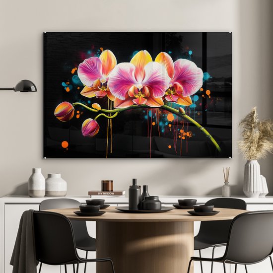 MuchoWow® Tableau sur verre 120x80 cm - Tableau sur verre acrylique - Orchidée - Graffiti - Coloré - Fleurs - Abstrait - Photo sur verre - Décoration murale salon - Décoration murale chambre - Peintures