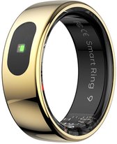 Gouden smartring met een zwarte binnenkant, een groen lampje aan de buitenzijde.