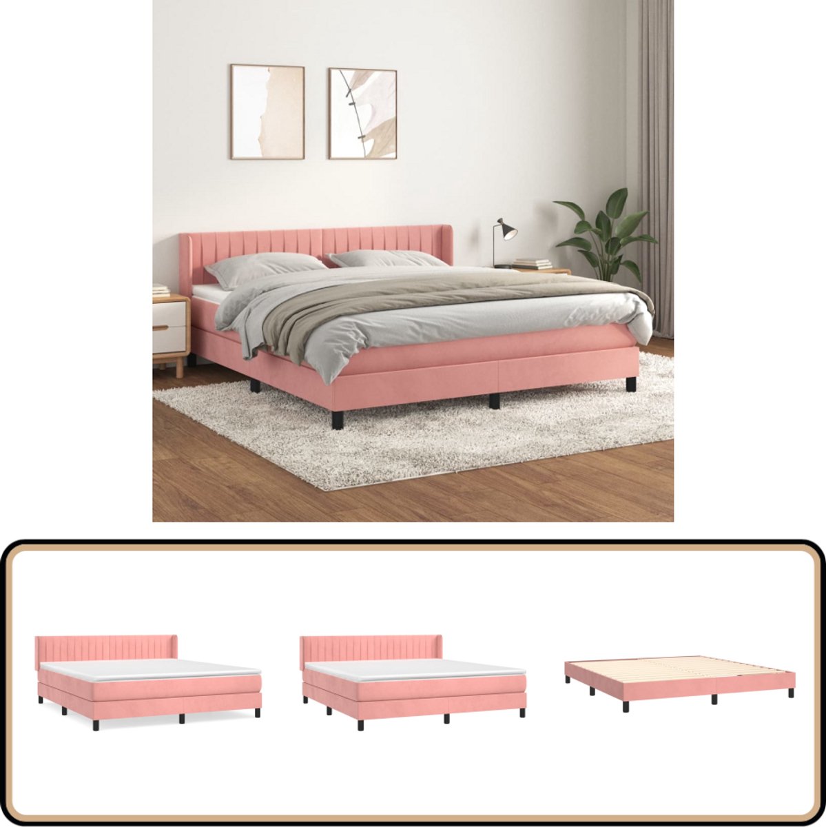 Roze Boxspring 180x200 cm met Matras & Topmatras Boxspringbed - Fluweel Bed - Roze Bed - Tweepersoonsbed - Boxspring
