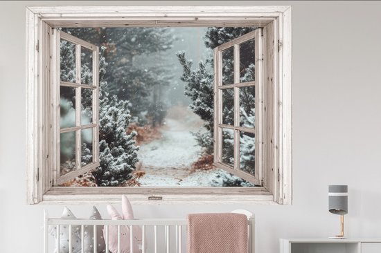 Stickers muraux - Film autocollant - Forêt - Hiver - Arbres - Nature - Chemin - Vue - Wit - 160x120 cm - Film adhésif - Stickers muraux chambre enfant - Papier peint autocollant XXL - Papier peint autocollant - Film autocollant