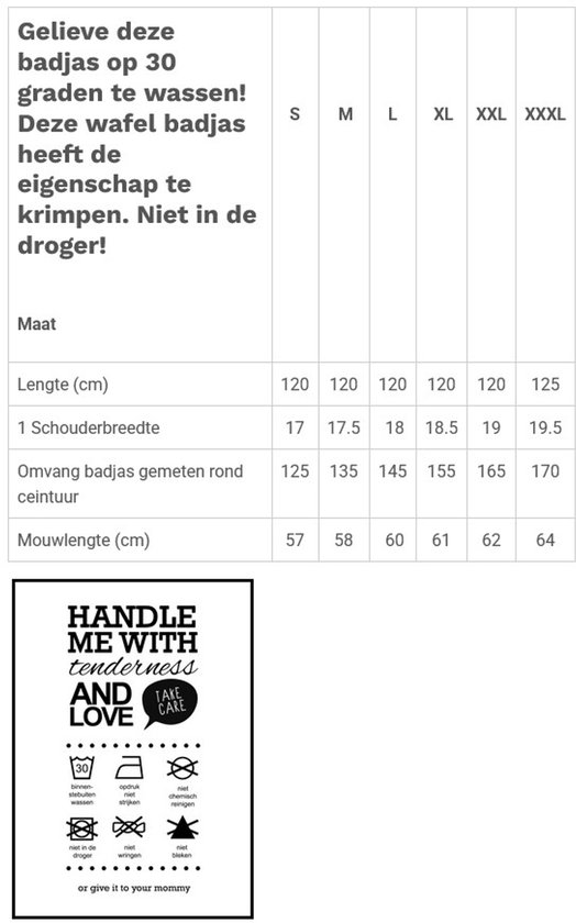 Wasinstructies: 30 graden, niet in de droger. Deze wafel badjas krimpt niet.