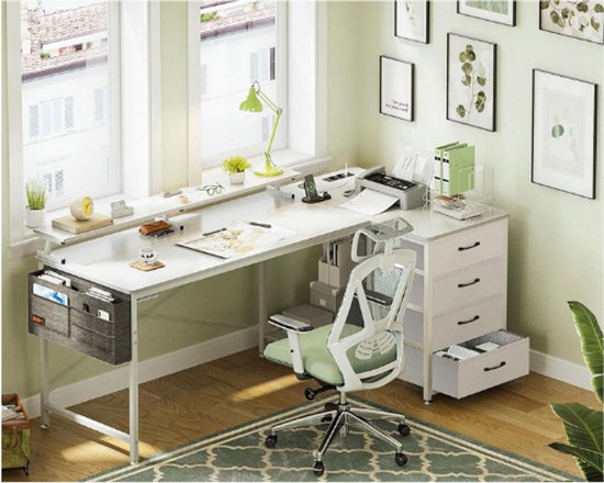 ODK L Vormige Bureau met USB-Laadpoort & Stopcontact Reversibel Hoekbureau met Monitorstandaard Multifunctioneel Gamer Bureau (Wit, 120x80x88cm