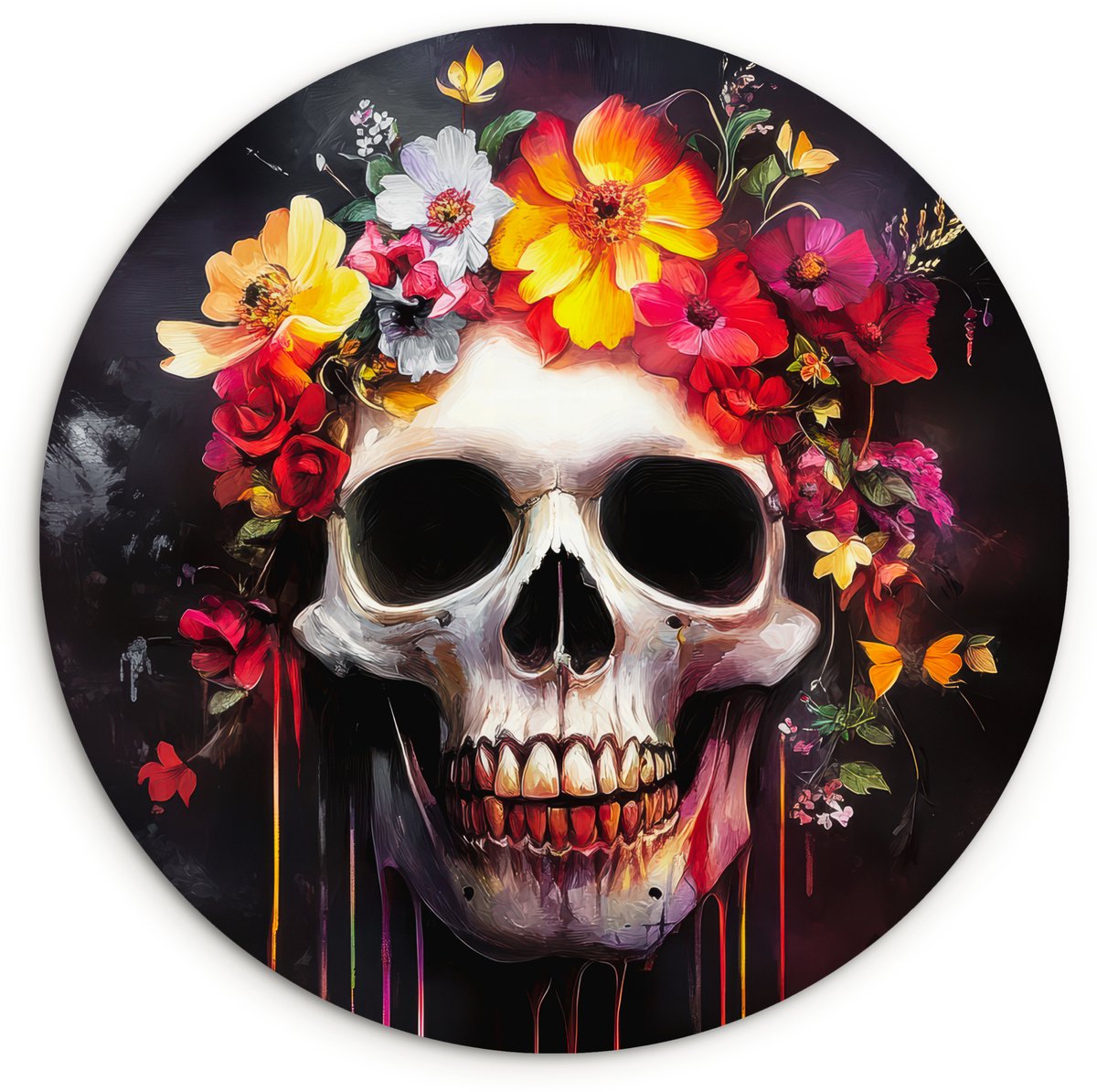 WallCircle Wandcirkel 60x60 cm - Muurcirkel Schedel - Bloemen - Doodshoofd - Bloed - Kleurrijk - Muurdecoratie woonkamer - Wanddecoratie slaapkamer - Kamer decoratie accessoires - Ronde schilderijen