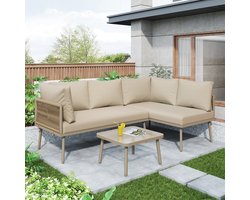 Sweiko Tuin Loungeset - L-vormige tuinset - met zitkussens - Verstelbare poten - 2 banken + 1 tafel - Khaki