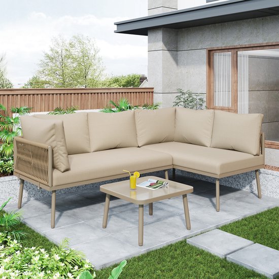 Sweiko Tuin Loungeset - L-vormige tuinset - met zitkussens - Verstelbare poten - 2 banken + 1 tafel - Khaki