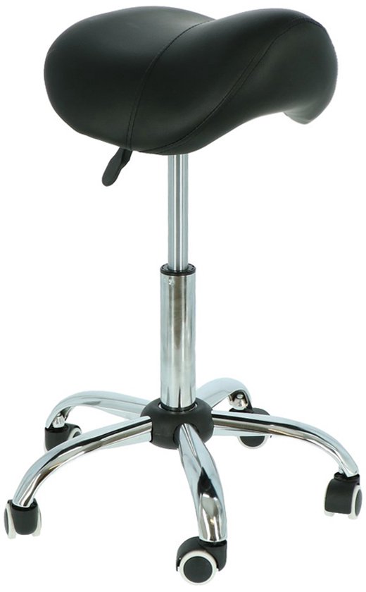 Alora zadelkruk - Tabouret – Zwart/Chrome - kruk – kapperskruk - Ergonomische zadelstoel op wielen