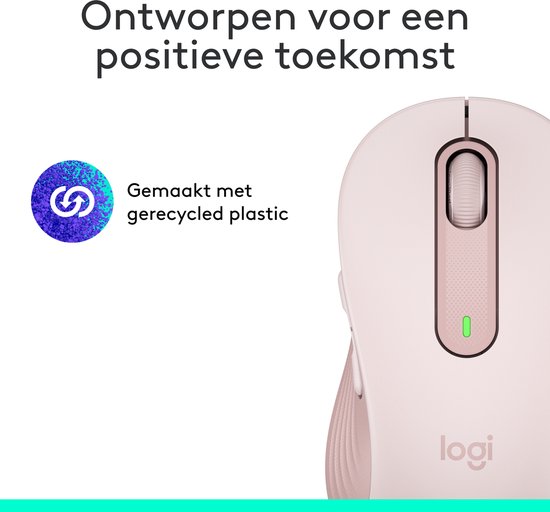 Roze Logitech muis met indicator en logo, gemaakt met gerecycled plastic.