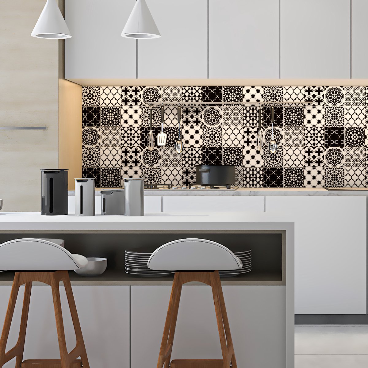 Ambiance Sticker Zelfklevende tegelmuurstickers voor keuken en badkamer - 9 klassieke Azulejo tegelstickers in zwart-wit tinten - 9 stickers van 15x15 cm Multi color