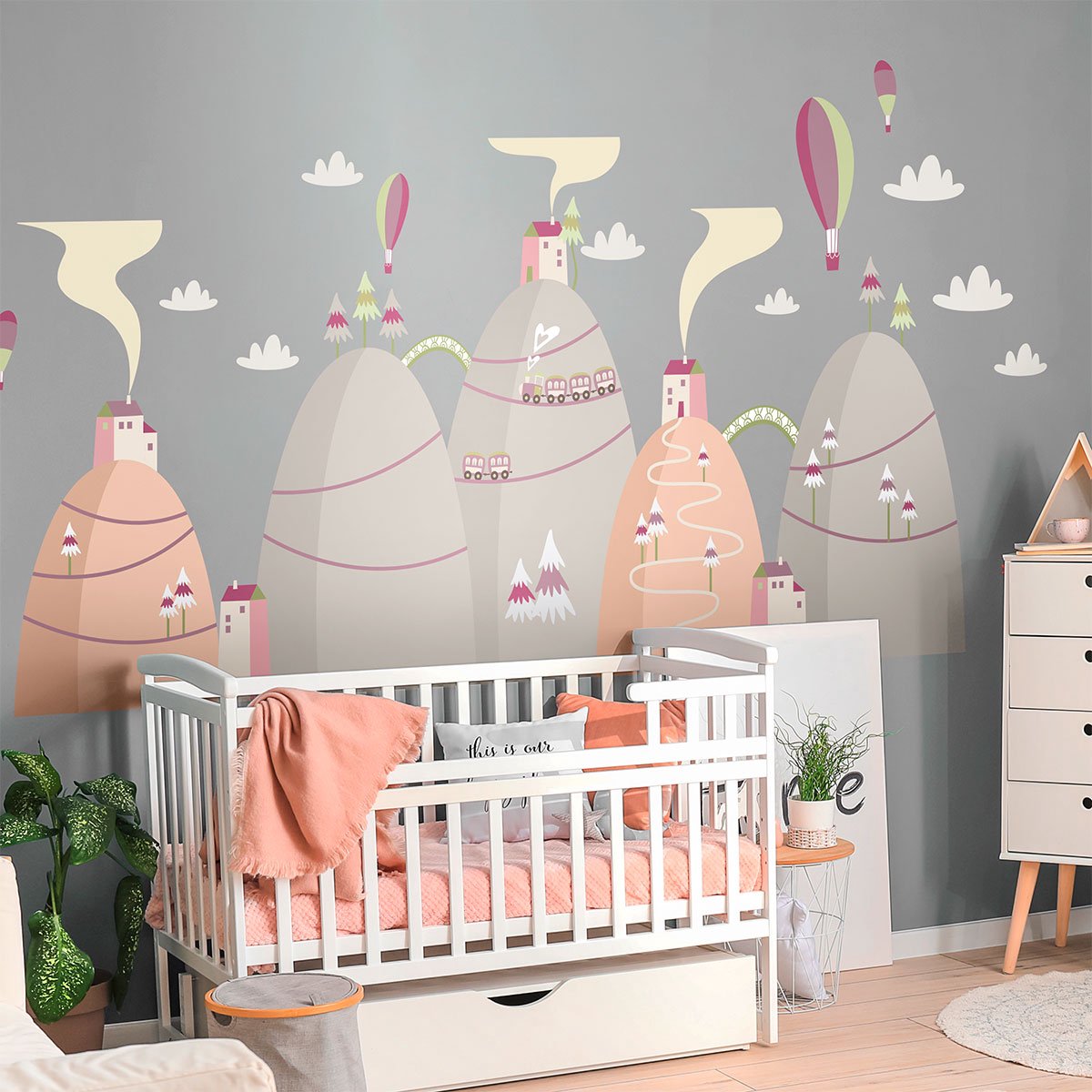 Ambiance Sticker Scandinavische bergstickers met heteluchtballonnen, vrienden van de lucht, 70 x 105 cm Multi color