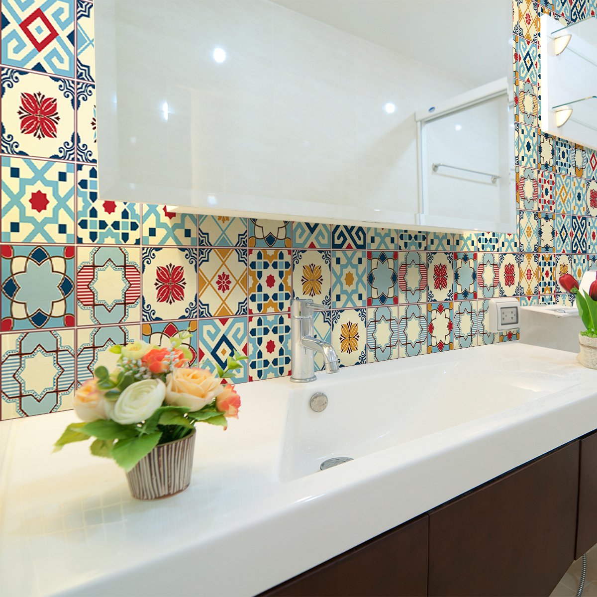 Ambiance Sticker Zelfklevende tegelmuurstickers voor keuken en badkamer - 24 cementtegelstickers, Azulejos Rano-stijl - 24 stickers, 20x20 cm Multi color