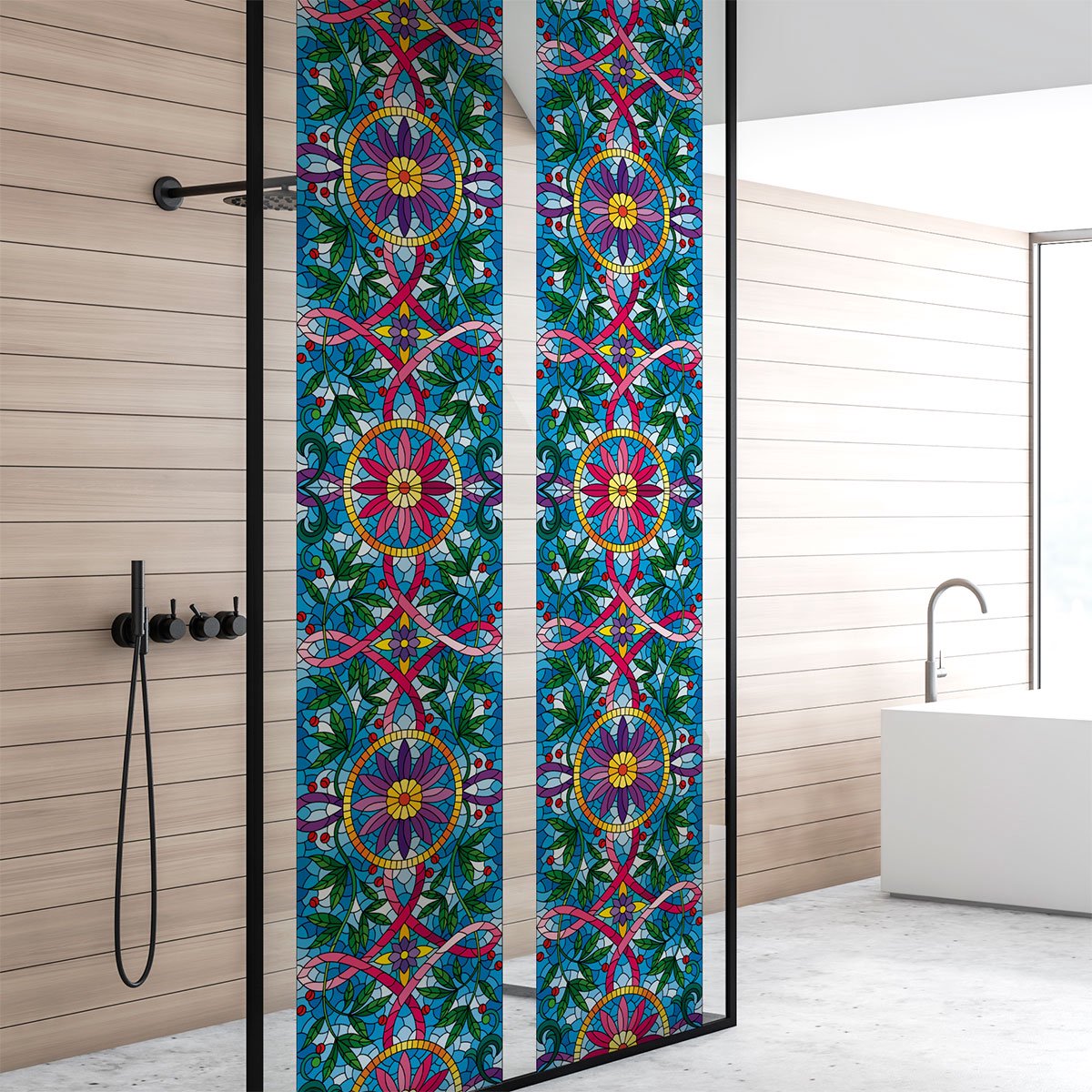 Privacy raamfolie - Glas-in-lood met ranken en bloemen - Stickers voor ramen en douchedeur
