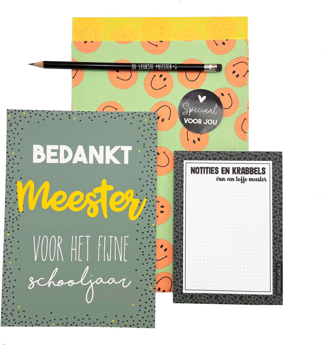 Meester bedankt cadeau - cadeau meester - einde schooljaar - cadeaupakket meester - invulkaart notitieblok potlood