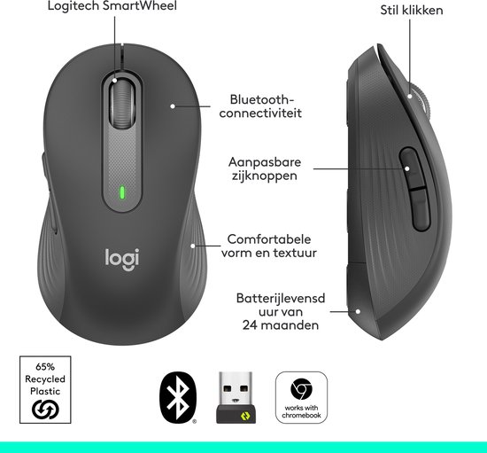 Gedetailleerde weergave van de Logitech M650 muis, met Nederlandse tekst over functies zoals "Logitech SmartWheel", "Stil klikken", "Bluetooth-connectiviteit" en "65% gerecycled plastic".