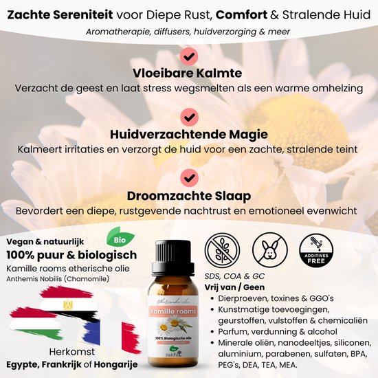 Bruine fles met het etiket "Kamille rooms Etherische olie 100% biologische olie". Twee vlaggen van Egypte, Frankrijk en Hongarije. Tekst over de voordelen van de olie.