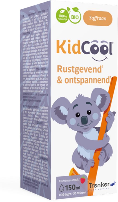 Doos met KidCool logo, "100% Natuurlijk BIO Saffraan" en een koala. Beschrijft "Rustgevend & ontspannend", 150 ml frambozensmaak.