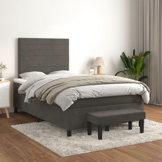 vidaXL Boxspring met matras - Fluweel Donkergrijs - 120x200 cm Boxspringbed - Donkere Kleuren - Velvet Meubilair - Tweepersoons Bed - Verstelbare Hoofdbord