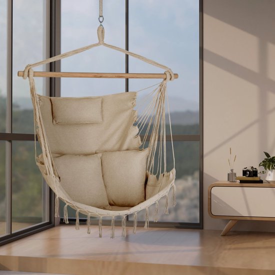 Outtec® Hangstoel met 3 Kussens - 100x130x75cm, tot 140 kg - Boho Fringed Fauteuil, Zitzak, Schommel - voor Buiten, Tuin, Balkon, Huis