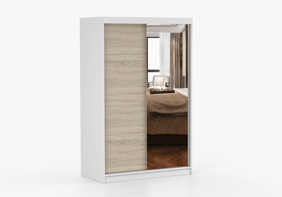 Schuifdeurkast NOAH 05 – 2-deurs kledingkast met spiegel, legplanken en kledingroede – modern design – 120x200x61 cm - NOAH 05 (Wit + Sonoma)