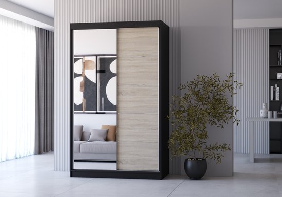 Armoire à portes coulissantes NOAH 05 – Armoire 2 portes avec miroir, étagères et tringle à vêtements – Design moderne – 120 x 200 x 61 cm - NOAH 05 (Zwart + Sonoma)