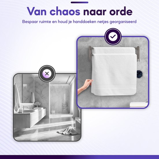 JDK - Porte-serviettes 2 pièces - Porte-serviettes de bain autocollant Salle de bain - Support mural 60 cm - Grijs