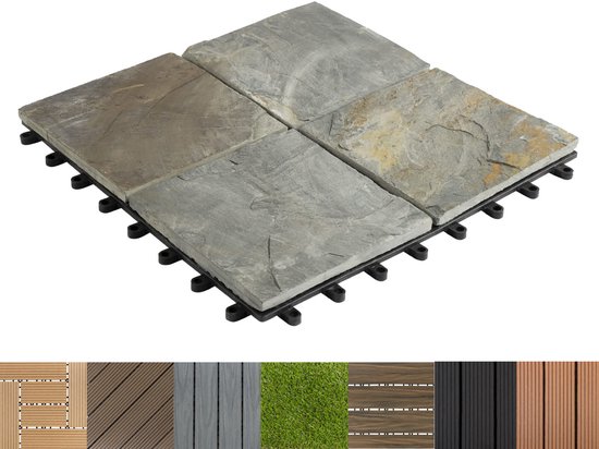 ECD Germany WPC-terras tegels 30x30 cm 11er Spar Set für 1m² teak in hout look voor tuinbalkonvloeren met afvoer en kliksysteem vlonders balkon tegels klikken houten tegels