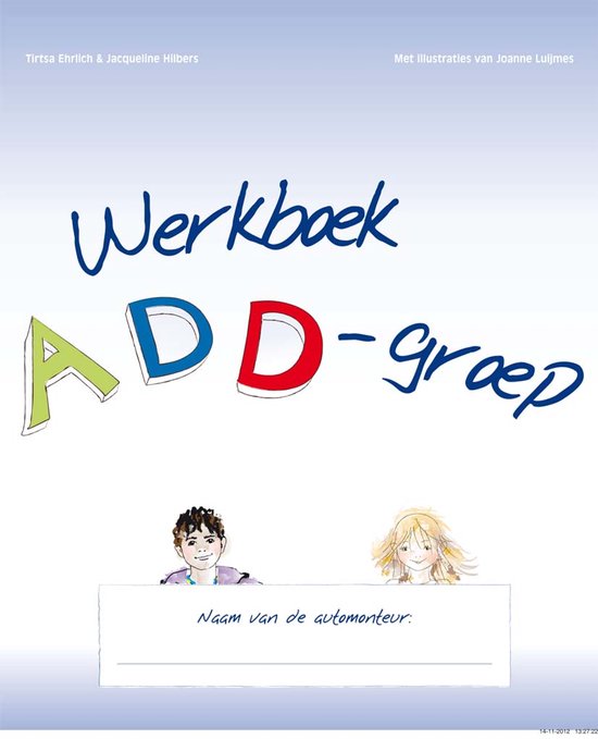 Werkboek ADD-groep met illustraties van Joanne Luijmes. Twee kinderhoofden en een tekstveld.