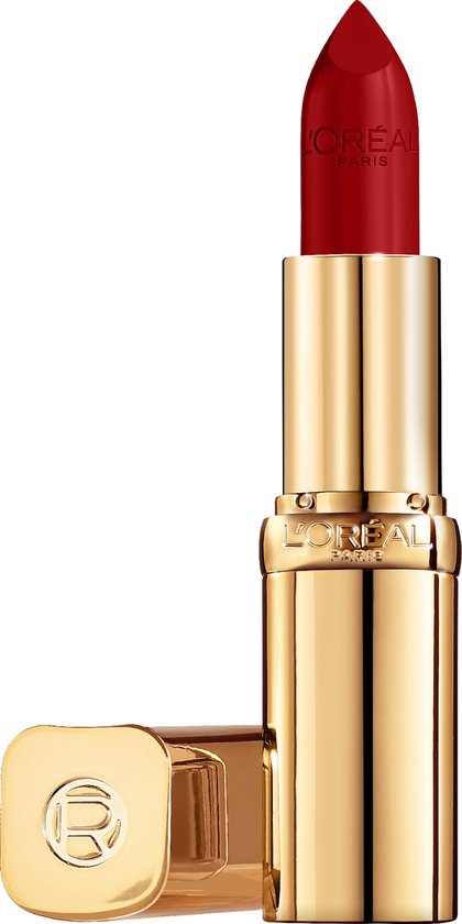 Een gouden L'Oréal Color Riche lipstick met de dop ernaast. De lipstick is rood.