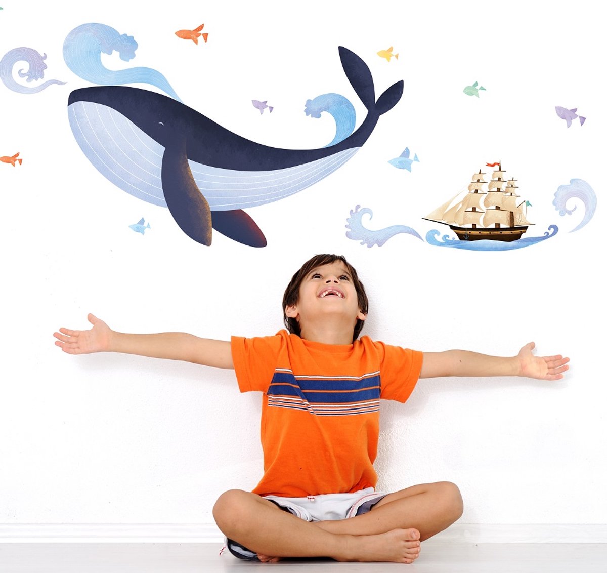 Ambiance Sticker Muurstickers met walvissen en piratenschepen - Decoratieve zelfklevende stickers Multi color