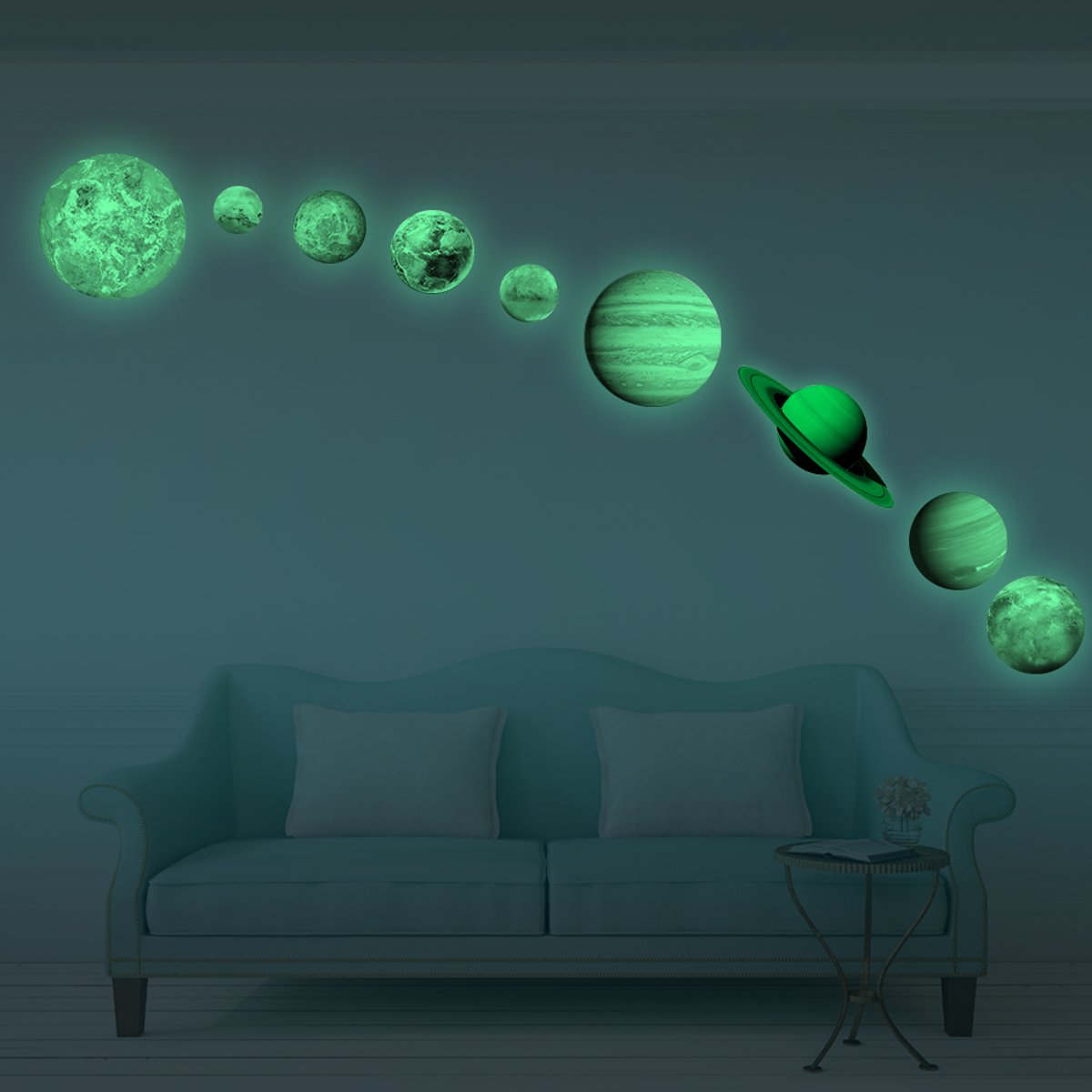 Fosforescerende zelfklevende muurstickers van planeten uit ons zonnestelsel.