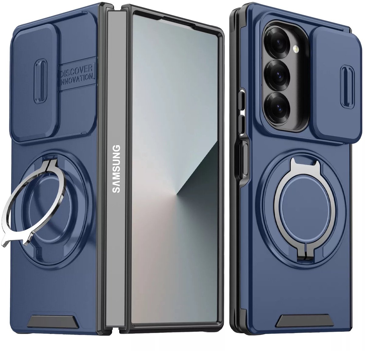 Hoesje Geschikt voor Samsung Galaxy Z Fold 6 hoesje Blauw backcover met Met Draaibare Ring Houder en camera bescherming