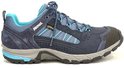 Donkerblauwe lage wandelschoen met turquoise accenten, GORE-TEX logo en veters.