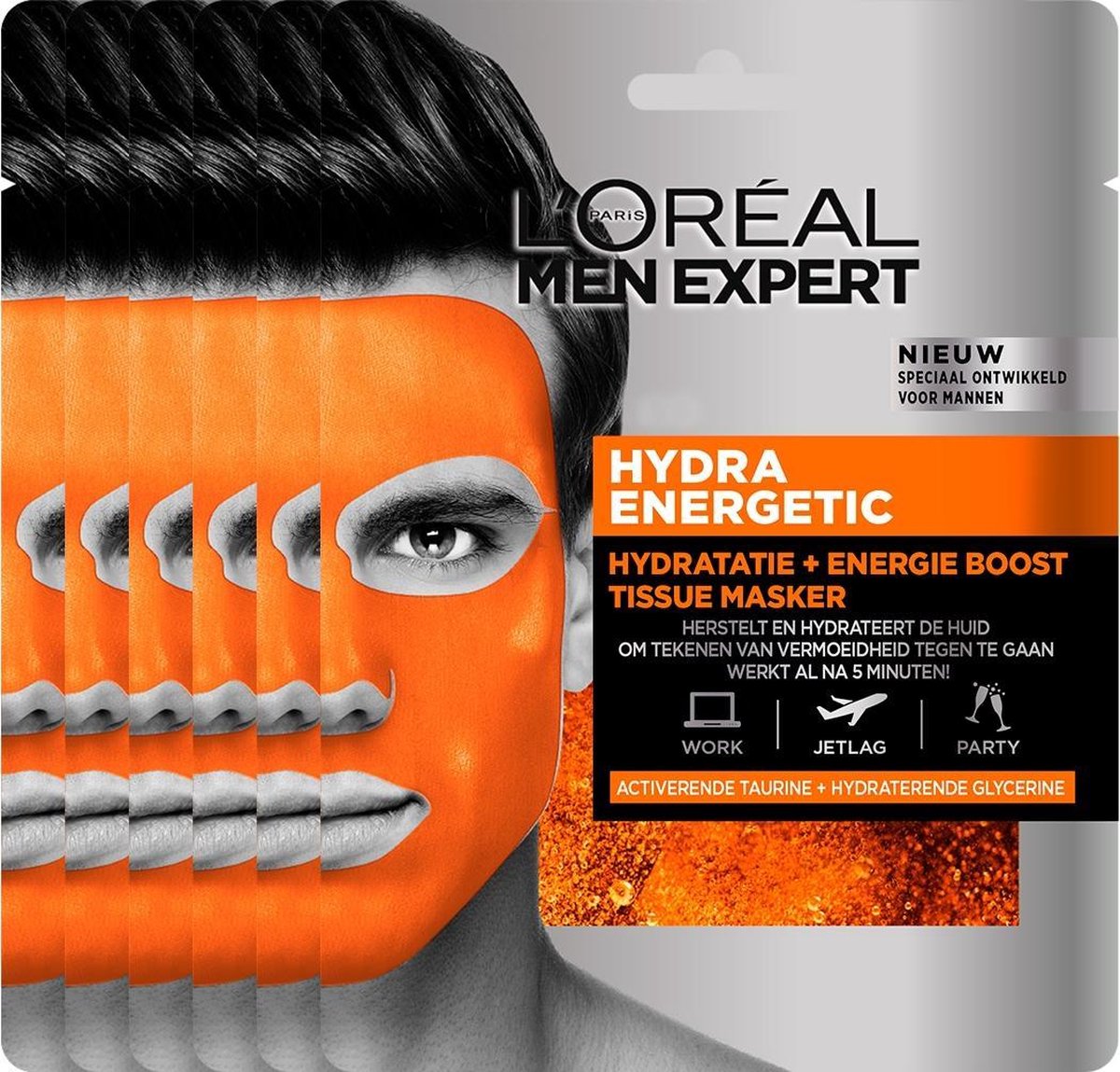 L'Oréal Paris Men Expert Hydra Energetic Tissue Gezichtsmasker - 5 stuks - Herstelt en Hydrateert - Voordeelverpakking - L’Oréal Paris Men Expert
