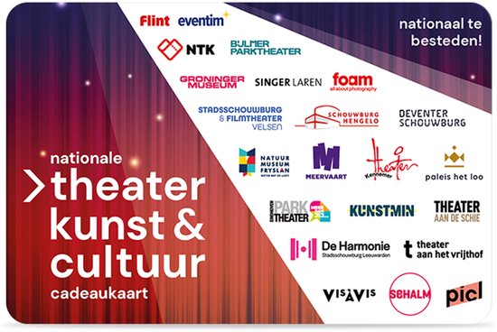 Nationale theater kunst & cultuur cadeaukaart met logo's van oa. de TheaterHallen en Museum.