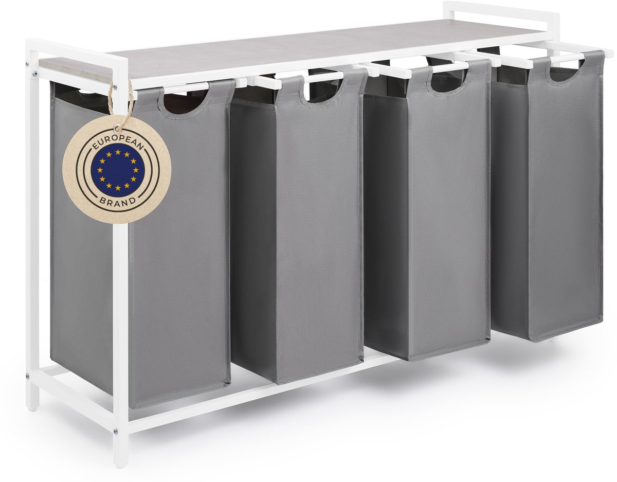 Blumtal Wasmand met 4 vakken - Wasmand met betonlook plank - Metalen frame - Wasmand met poten - Wit en grijs
