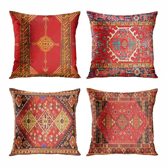 Set van 4 Kussenovertrekken - 45x45cm Geometrisch Perzisch Design, Kleurrijk Rood Tribaal Decor voor Thuis of Buitengebruik