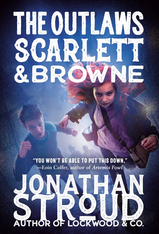 Boekomslag met de tekst 'The Outlaws Scarlett & Browne' en een afbeelding van twee kinderen die rennen.