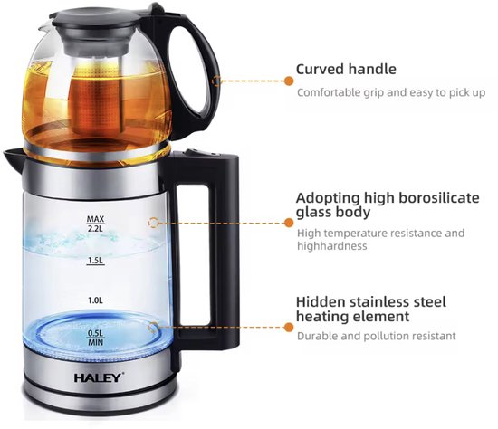 Glazen theemaker met een goudkleurige theepot bovenop de waterkoker. Gemarkeerd met 'Curved handle', 'high borosilicate glass body', 'hidden stainless steel heating element'.