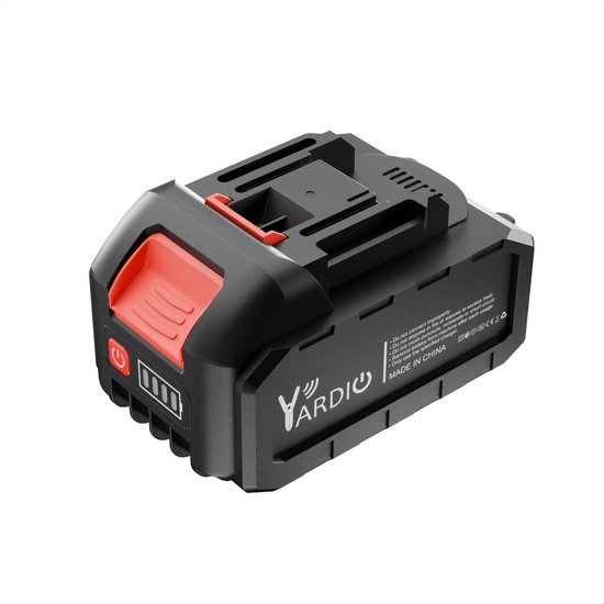 Zwarte lithium accu met rode ontgrendelknop en tekst. YARDIO, MADE IN CHINA.