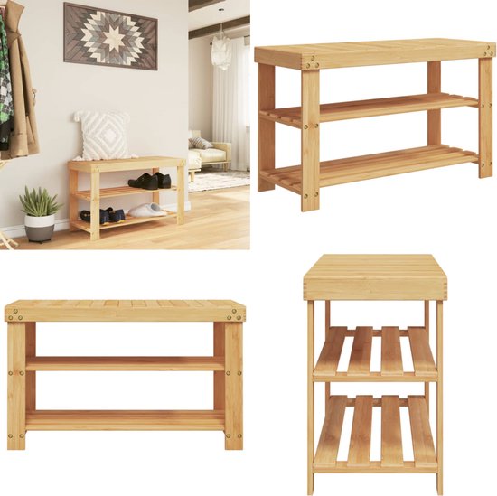 SMIBUY schoenenrek, 3-laags stevige bamboe schoenenorganizer met met schuim beklede zitting, opbergplank voor hal, hal, slaapkamer of woonkamer, 87 x 30 x 49 cm (natuurlijk en grijs