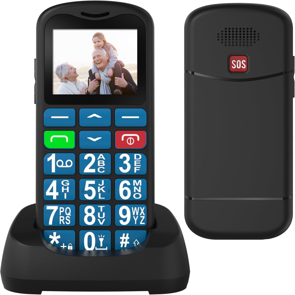 Mobiele telefoon voor senioren met grote toetsen en SOS-functie - 1,77 inch kleurendisplay, dual sim en laadstation