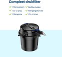 Zwarte drukfilter voor vijver met functies: filtersysteem, bioballen, UV-lamp en reinigingsfunctie.