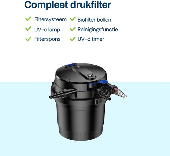 Zwarte drukfilter voor vijver met functies: filtersysteem, bioballen, UV-lamp en reinigingsfunctie.