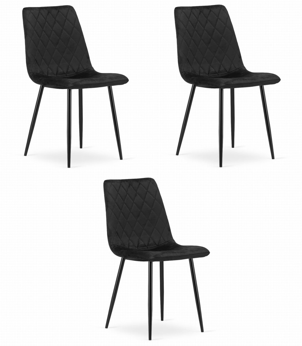 LEOBERT Set van 3 Eetkamerstoelen TURIN Zwart – Velvet Bekleding, Modern, Ergonomisch Design, Zwarte Metalen Poten, Max. 120 kg