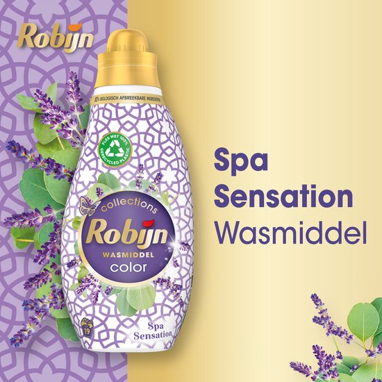 Fles Robijn Spa Sensation wasmiddel met paars en witte patronen, lavendel en eucalyptusbladeren.