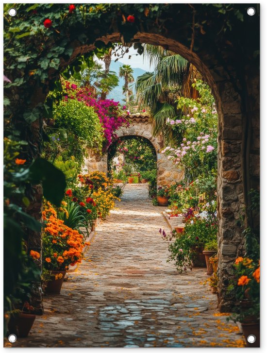 Tuinposter Doorkijk raam bos pad