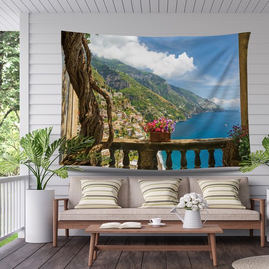 Ulticool - Vue Balcon Montagnes Mer Nature - Affiche Tapisserie - 200x150 cm - Groot tapisserie - Affiche Jardin Tapisserie